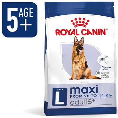 Royal Canin maxi adult 5+, tamaño L, para perros de 26 a 44 kg. Texto visible: Digestive health, Optimal vitality support, 5 AGE+. Imagen de pastor alemán en el envase. Royal Canin maxi adult 5+, tamaño L, para perros de 26 a 44 kg. Texto visible: Digestive health, Optimal vitality support, 5 AGE+. Imagen de pastor alemán en el envase.