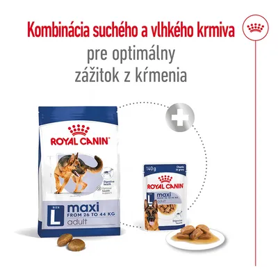 Royal Canin maxi adult L suché a vlhké krmivo pre psy 26–44 kg, kombinácia balenia s textom: Kombinácia suchého a vlhkého krmiva pre optimálny zážitok z kŕmenia.