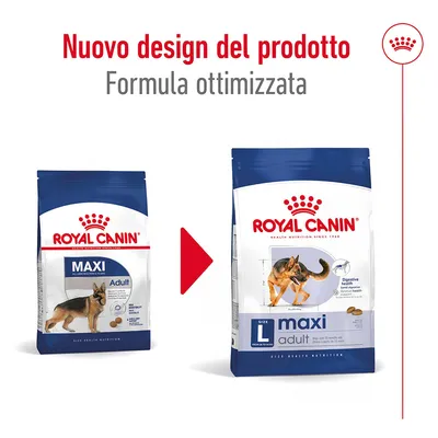 Nuovo design del prodotto Royal Canin Maxi Adult, formula ottimizzata. Immagine delle due confezioni: vecchia a sinistra, nuova a destra con cane e crocchette visibili.