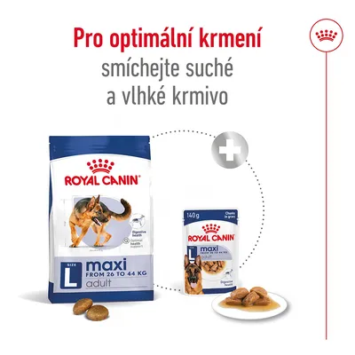 Pro optimální krmení smíchejte suché a vlhké krmivo. Royal Canin maxi adult L 26–44 kg, balení granulí a kapsička 140 g, zobrazeno suché i vlhké krmivo.