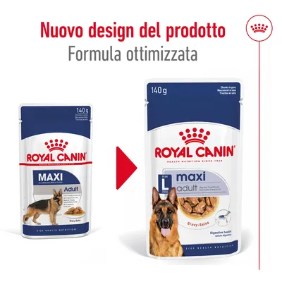 Royal Canin Maxi Adult 140 g, confronto tra vecchio e nuovo design della confezione. Testo: Nuovo design del prodotto, Formula ottimizzata.