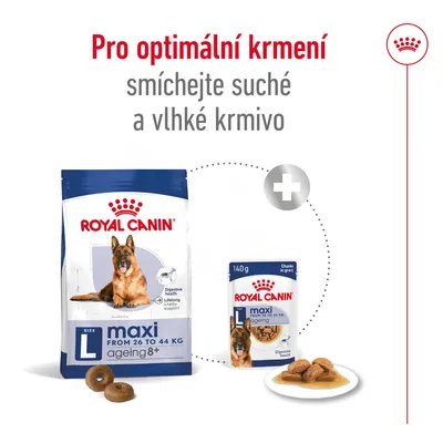 Pro optimální krmení smíchejte suché a vlhké krmivo. Royal Canin maxi ageing 8+ L, balení suchého a vlhkého krmiva s obrázkem psa, 140 g.