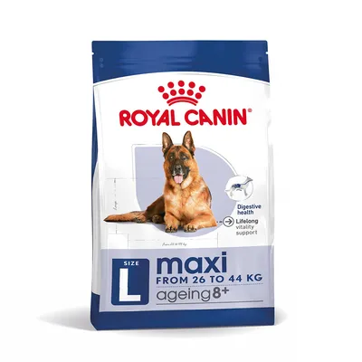 Pachet hrană uscată ROYAL CANIN maxi size L, pentru câini de 26–44 kg, ageing 8+, text vizibil: Digestive health, Lifelong vitality support.