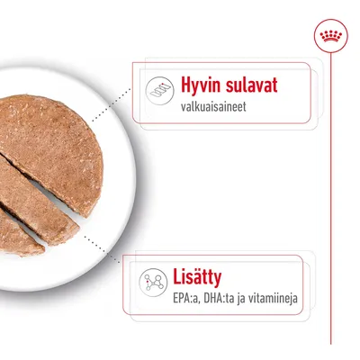 Hyvin sulavat valkuaisaineet. Lisätty EPA:ta, DHA:ta ja vitamiineja.