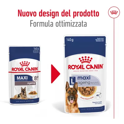 Nuovo design del prodotto Royal Canin Maxi Ageing 140 g, formula ottimizzata. Immagine delle due confezioni a confronto con testo visibile: 'Nuovo design del prodotto, Formula ottimizzata'.