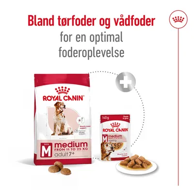 Bland tørfoder og vådfoder for en optimal foderoplevelse. Royal Canin medium adult 7+ tørfoder og medium ageing vådfoder 140 g, begge til hunde fra 11 til 25 kg.