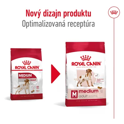 Nový dizajn produktu Royal Canin Medium Adult, optimalizovaná receptúra. Porovnanie starého a nového balenia krmiva pre dospelých psov strednej veľkosti.