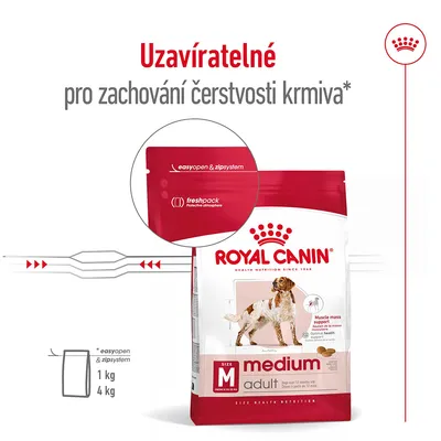 Royal Canin medium adult, uzavíratelné balení s easyopen & zipsystem pro zachování čerstvosti krmiva, freshpack protective atmosphere, velikost 1 kg a 4 kg.