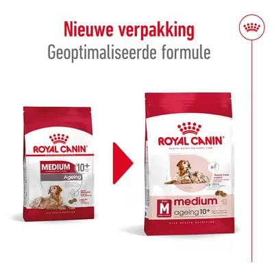 Royal Canin medium ageing 10+ hondenvoer, oude en nieuwe verpakking naast elkaar. Tekst: Nieuwe verpakking, Geoptimaliseerde formule, Muscle mass support, Size M, medium ageing 10+.