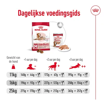 Dagelijkse voedingsgids Royal Canin Medium Ageing 10+: voedingstabellen voor honden van 11, 16 en 25 kg met aanbevolen hoeveelheden droog- en natvoer per activiteitenniveau.