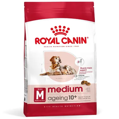 Royal Canin medium ageing 10+, tamaño M de 11 a 25 kg, soporte masa muscular, vitalidad, imagen de perro en el envase. Texto en inglés y francés visible.