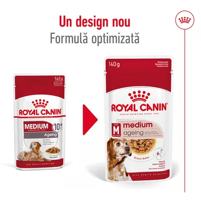 Royal Canin Medium Ageing 140g, ambalaj vechi și nou. Text: Un design nou, formulă optimizată. Ambalajele arată un câine și bucăți în sos. Vizibil: Gravy-Salsa, muscle mass support.