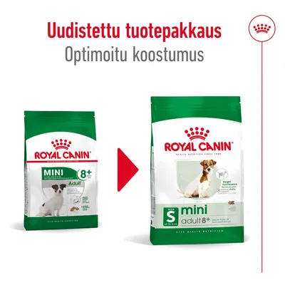 Royal Canin Mini Adult 8+ koiranruoan uudistettu pakkaus ja optimoitu koostumus, kaksi erilaista pakkausta vierekkäin, teksti: Uudistettu tuotepakkaus, Optimoitu koostumus