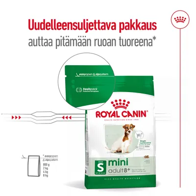 Royal Canin mini adult 8+ -koiranruokapakkaus, uudelleensuljettava easyopen & zipsystem freshpack. Teksti: Uudelleensuljettava pakkaus auttaa pitämään ruoan tuoreena.