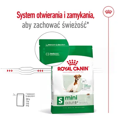 Royal Canin mini adult 8+ z systemem easyopen & zipsystem, opakowanie freshpack. System otwierania i zamykania dla zachowania świeżości. Dostępne w: 800 g, 2 kg, 4 kg, 8 kg.