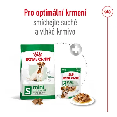 Pro optimální krmení smíchejte suché a vlhké krmivo. Royal Canin mini adult 8+ do 10 kg, balení granulí a kapsička 85 g, porce na talíři.