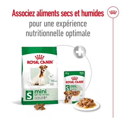 ROYAL CANIN mini S up to 10 kg adult 8+ croquettes et sachet 85 g, texte : Associez aliments secs et humides pour une expérience nutritionnelle optimale.