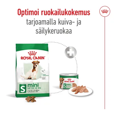 Royal Canin mini adult 8+ kuivaruoan ja mini ageing säilykeruoan yhdistelmä, teksti: Optimoi ruokailukokemus tarjoamalla kuiva- ja säilykeruokaa