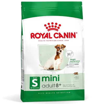 Pachet hrană uscată Royal Canin mini adult 8+, pentru câini de talie mică până la 10 kg, menținere greutate, vitalitate optimă, mărime S, vizibilă imagine cu un câine.