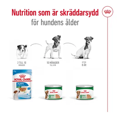 Royal Canin våtfoder för hund: Puppy 2–10 månader, Mini Adult 10 månader–8 år, Mini Ageing efter 8 år. Text: Nutrition som är skräddarsydd för hundens ålder.