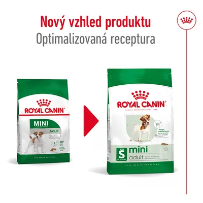 Nový vzhled produktu Royal Canin Mini Adult, optimalizovaná receptura. Porovnání starého a nového balení s psem na obalu.