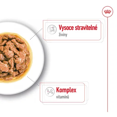 Miska s krmivem, text: Vysoce stravitelné živiny, Komplex vitamínů.
