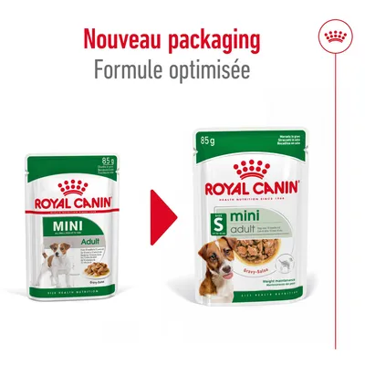 Comparaison de l’ancien et du nouveau packaging Royal Canin Mini Adult 85 g, texte visible : 'Nouveau packaging', 'Formule optimisée', 'Gravy-Salsa', 'Weight maintenance'.