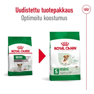 Royal Canin Mini Ageing 12+ koiranruoan uudistettu pakkaus ja optimoitu koostumus, vasemmalla vanha ja oikealla uusi pakkaus, näkyvissä tuotteen nimi ja osa tiedoista.