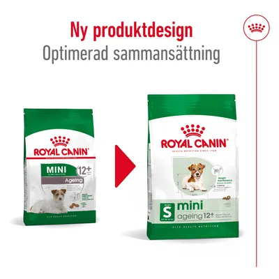Royal Canin mini ageing 12+ hundfoder, bild på gammal och ny förpackning. Text: Ny produktdesign, Optimerad sammansättning.