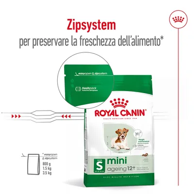 Confezione Royal Canin mini ageing 12+ con sistema easyopen & zipsystem per preservare la freschezza, disponibile nei formati 800 g, 1,5 kg e 3,5 kg. Testo: ZipSystem.