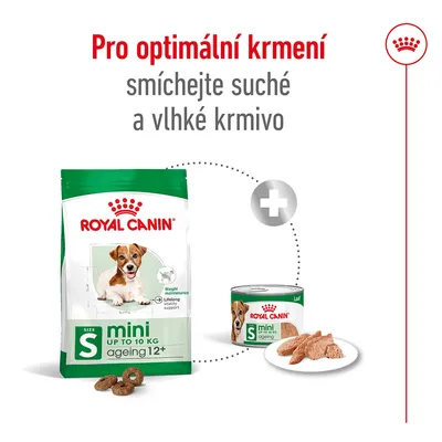 Návod: Pro optimální krmení smíchejte suché a vlhké krmivo. Royal Canin mini ageing 12+ do 10 kg, balení granulí a konzerva s miskou vlhkého krmiva.