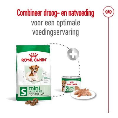 Royal Canin mini ageing 12+ droogvoer en natvoer voor honden tot 10 kg. Tekst: Combineer droog- en natvoeding voor een optimale voedingservaring.