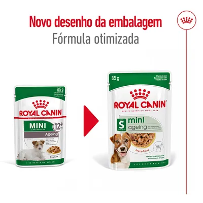 Comparação de embalagens Royal Canin Mini Ageing 85 g: à esquerda embalagem antiga, à direita nova embalagem com texto 'Novo desenho da embalagem' e 'Fórmula otimizada'.