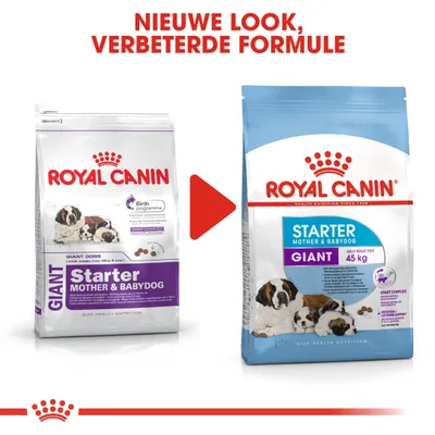 Royal Canin Starter Mother & Babydog Giant hondenvoer, oude en nieuwe verpakking naast elkaar. Tekst boven: 'Nieuwe look, verbeterde formule'. Beide verpakkingen tonen hondenafbeelding.