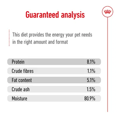 Guaranteed analysis: protein 8.1%, crude fibres 1.1%, fat content 5.1%, crude ash 1.5%, moisture 80.9%. Diet provides energy in the right amount and format.