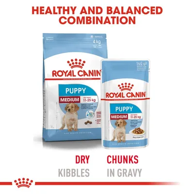 Royal Canin Puppy Medium 11–25 kg kuivaruoka 4 kg ja annospussi 140 g. Teksti: Healthy and balanced combination, dry kibbles, chunks in gravy.