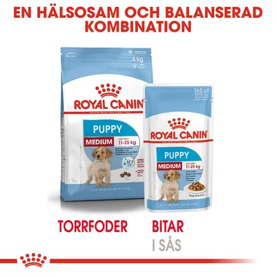 Royal Canin Puppy Medium 11–25 kg, torrfoder 4 kg och bitar i sås 140 g. Text: En hälsosam och balanserad kombination. Tydlig märkning av produkttyp och vikt.