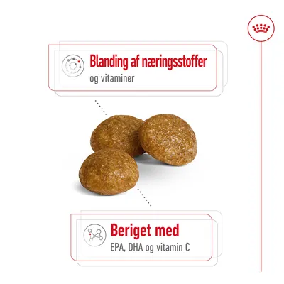 Tre foderpiller med teksten: Blandning af næringsstoffer og vitaminer. Beriget med EPA, DHA og vitamin C.