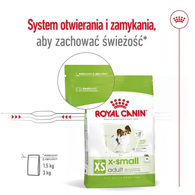 Royal Canin XS Adult, system easyopen & zipsystem, freshpack. System otwierania i zamykania, aby zachować świeżość. Dostępne opakowania: 1,5 kg i 3 kg.