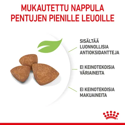 Mukautettu nappula pentujen pienille leuoille. Sisältää luonnollisia antioksidantteja, ei keinotekoisia väriaineita eikä makuaineita.