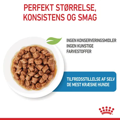 Perfekt størrelse, konsistens og smag. Ingen konserveringsmidler, ingen kunstige farvestoffer. Tilfredsstillelse af selv de mest kræsne hunde. Skål med vådfoder vist ovenfor.