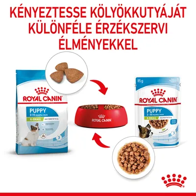 Royal Canin Puppy X-Small 2–10 hónapos kölyökkutyáknak, száraz és nedves táp csomagolásban, tálban tálalva. Felirat: Kényeztesse kölyökkutyáját különféle érzékszervi élményekkel.