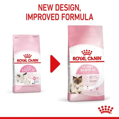 Royal Canin Mother & Babycat kattmat, bild på gammal och ny förpackning med texten 'NEW DESIGN, IMPROVED FORMULA'. Ny design visar 1–4 months/mois.