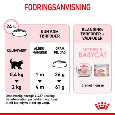 Fodringsanvisning for killinger: kun tørfoder, vægt 0,4–2 kg, alder 1–4 måneder, 26–61 g pr. dag. Blanding: tørfoder og vådfoder Mother & Babycat cremet mousse. Energi: 4.437 kcal/kg.