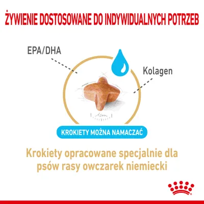 Krokiety można namaczać. EPA/DHA, kolagen. Krokiety opracowane specjalnie dla psów rasy owczarek niemiecki. Żywienie dostosowane do indywidualnych potrzeb.