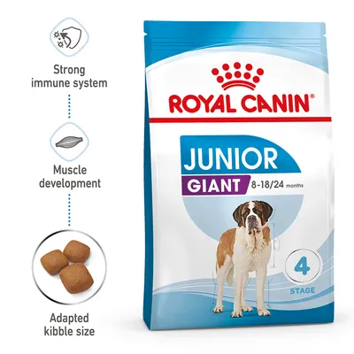 Product features shown: strong immune system support, muscle development, adapted kibble size. Suitable for junior giant breeds aged 8-18/24 months, stage 4.