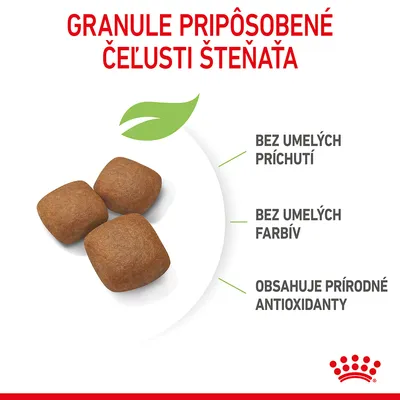 Granule prispôsobené čeľusti šteňaťa, bez umelých príchutí, bez umelých farbív, obsahuje prírodné antioxidanty. Zobrazené tri granule a zelený list.