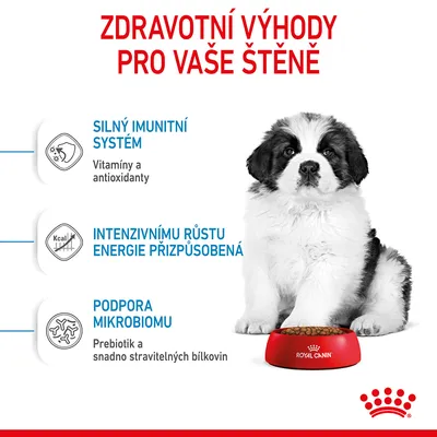 Zdravotní výhody pro štěně: silný imunitní systém (vitamíny a antioxidanty), energie přizpůsobená růstu, podpora mikrobiomu (prebiotika a snadno stravitelné bílkoviny). Royal Canin.
