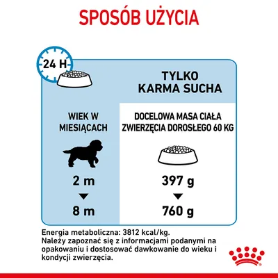 Sposób użycia: tylko karma sucha. Wiek psa 2–8 miesięcy. Docelowa masa ciała dorosłego zwierzęcia 60 kg: dzienna porcja 397–760 g. Energia metaboliczna: 3812 kcal/kg.