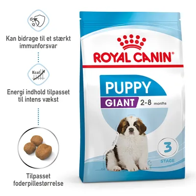 ROYAL CANIN PUPPY GIANT 2–8 months. Kan bidrage til et stærkt immunforsvar. Energi indhold tilpasset til intens vækst. Tilpasset foderpillesstørrelse. 3 STAGE.